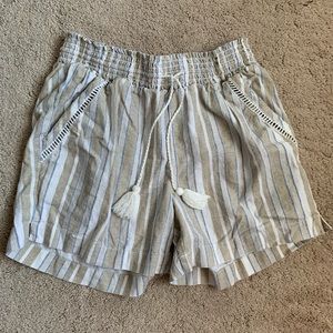 Summer shorts with brown, blue, and white stripes